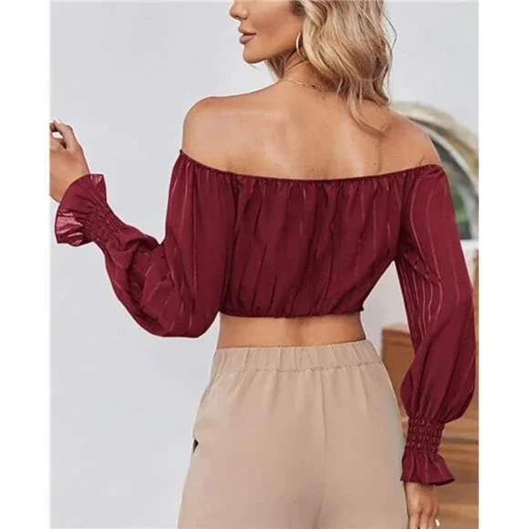 Women's Off Shoulder Puff Sleeve Chiffon Crop Top